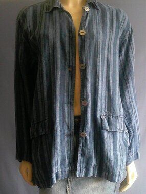 Neiman Marcus Linen Navy Striped Pocket Jacket M L